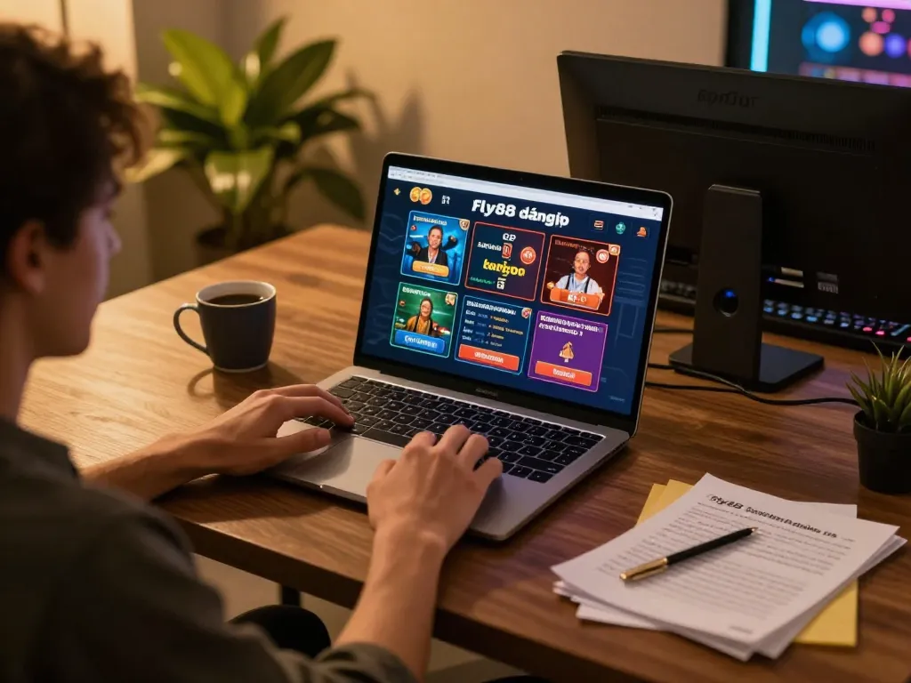 Person preparing for fly88 đăng nhập while engaging with multiple online casino games on a laptop.