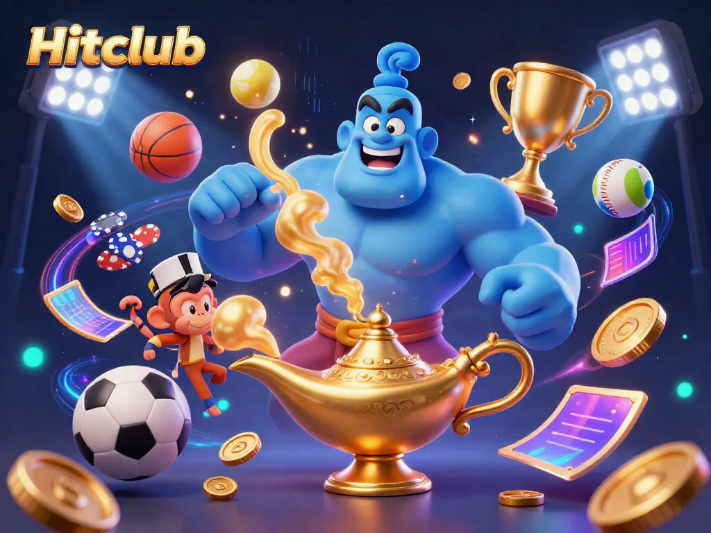 Engage with Hitclub as a blue genie and monkey illustrate the thrill of gaming and betting.