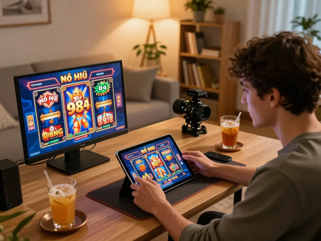 Nổ Hũ 98WIN gameplay session on a tablet in a warm home setting, showcasing online gaming excitement.