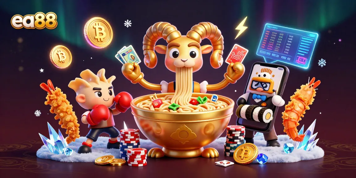 ea88 offers vibrant casino excitement with unique characters, cards, and cryptocurrency elements.