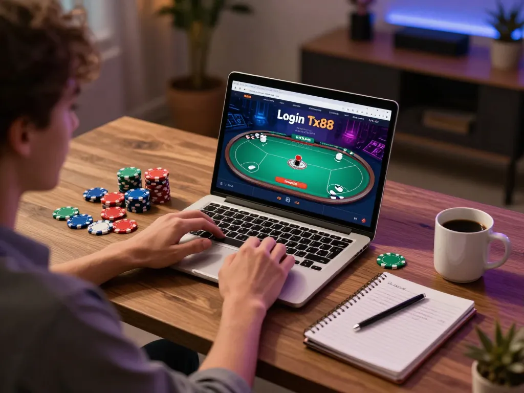 Engaging action of users accessing Login Tx88 on laptop, showcasing home casino gaming experience.