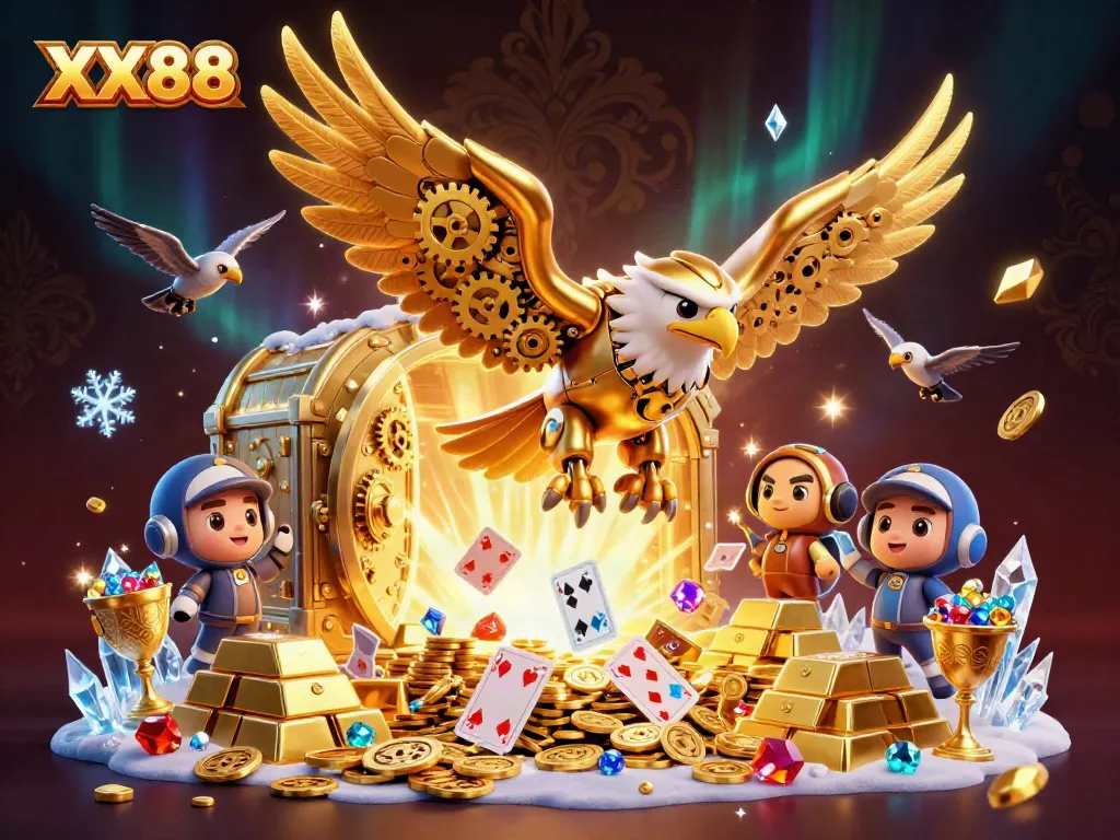 Dive into the thrilling world of XX88 with a cybernetic golden eagle amidst shimmering treasures.