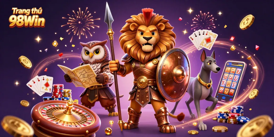 Experience the excitement of Trang chủ 98Win with a vibrant casino scene featuring dynamic characters and games.