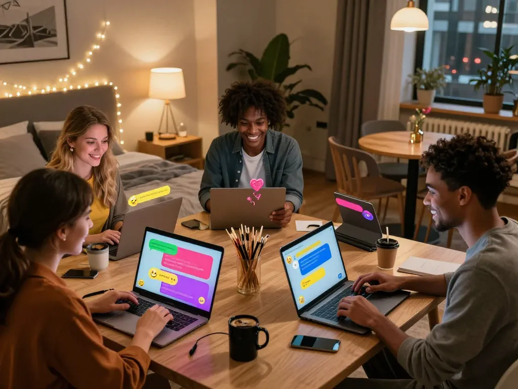 Engaging sex chat scene with diverse users in cozy settings, showcasing lively conversations.