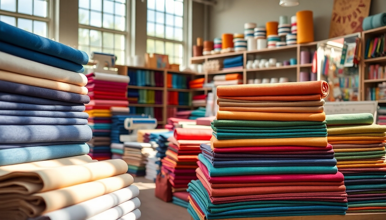 Canvas kopen in een kleurrijke stoffenwinkel met diverse rollen en accessoires.