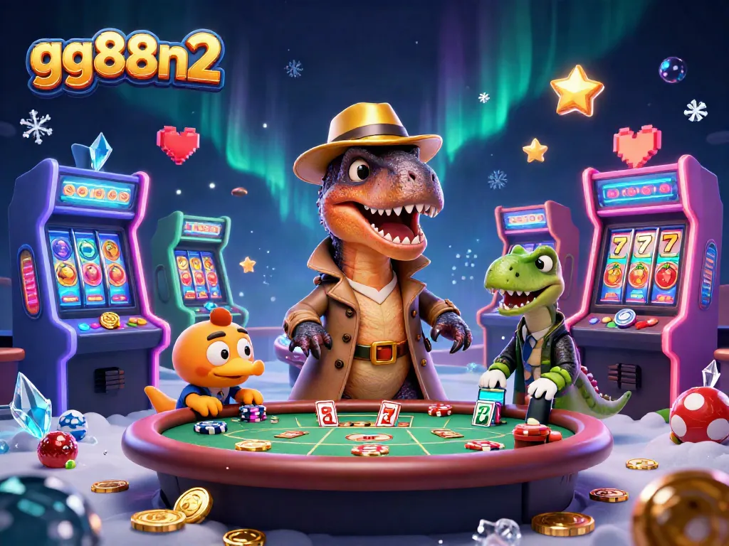 Experience thrilling gaming at gg88n2 with a cartoon velociraptor card counter at a lively blackjack table.