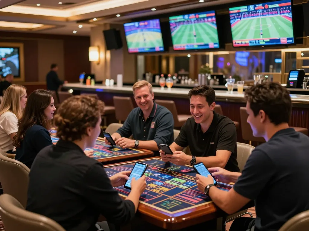 DABET HOA KỲ patrons actively placing sports bets in a lively casino setting