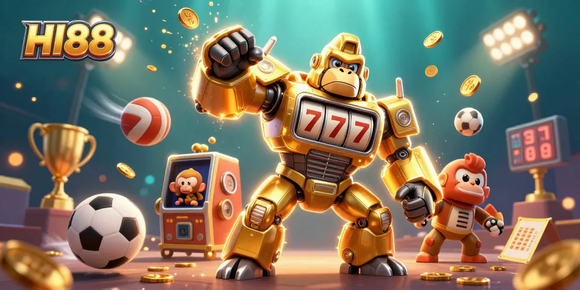 Bet on HI88 with dynamic visuals of a golden gorilla mech and explosive sports elements