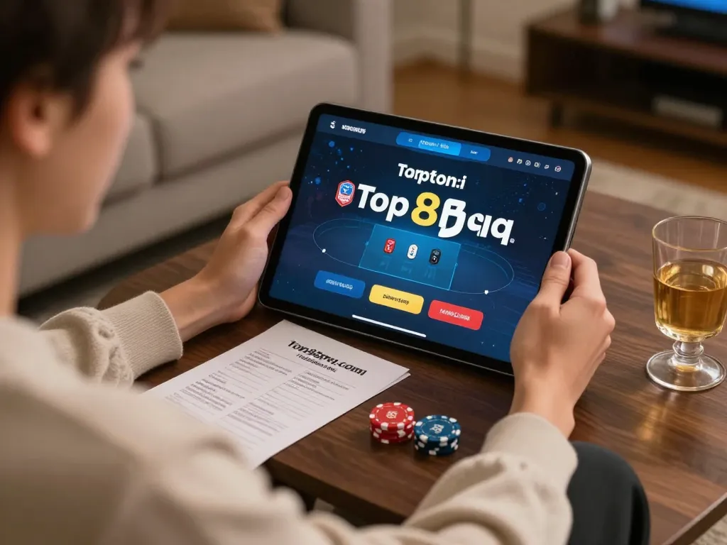 Playing poker on top88pq.com with a tablet in a cozy home setup showcasing strategic gameplay.
