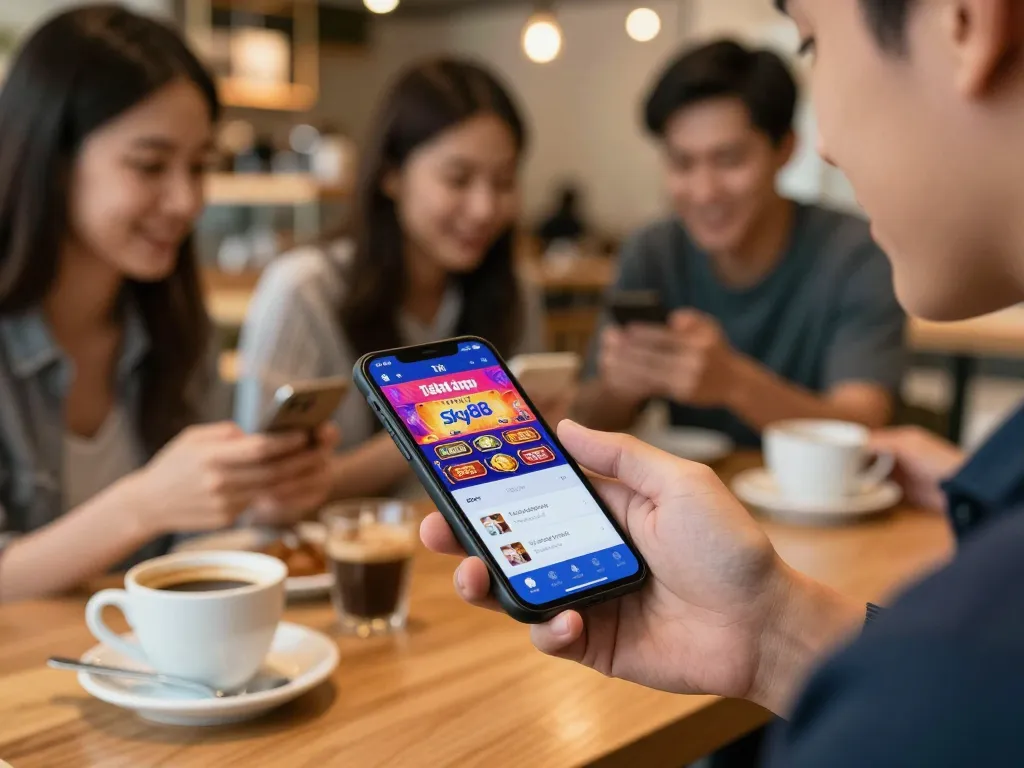 Tải app Sky88 on smartphone amid friends in a cozy cafe, showcasing engagement in mobile gaming.