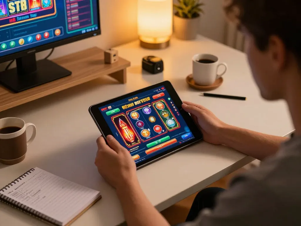 Engaging in online gaming with 92slot on a tablet in a cozy home setting