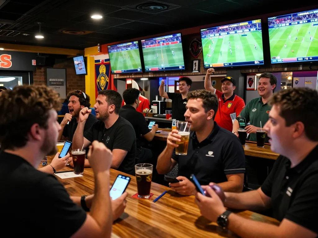 56WIN enthusiasts engaged in live sports betting with apps in hand, capturing the excitement of wagering.