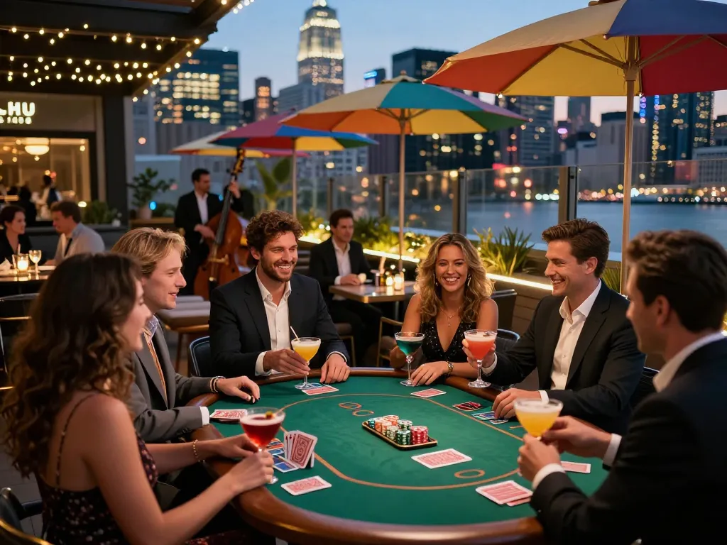 NoHu rooftop bar showcasing patrons enjoying cocktails and gambling, vibrant Manhattan skyline.