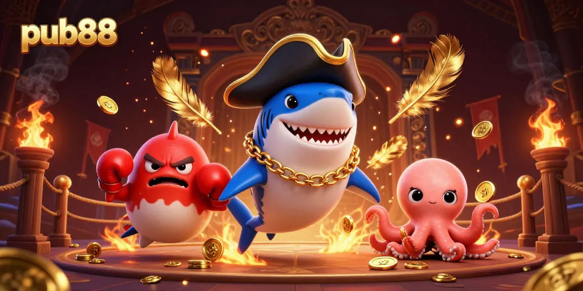 Experience the thrilling excitement of pub88 as a pirate shark and friends celebrate with coins and casino elements!