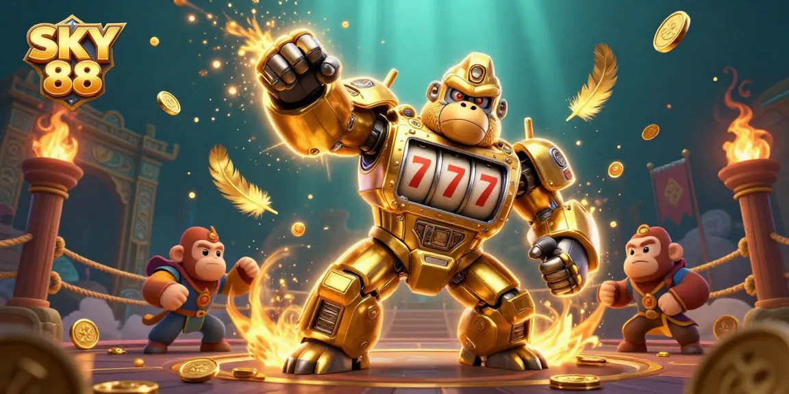 SKY 88 promotional illustration featuring a dynamic golden gorilla mech and game elements for thrilling casino action