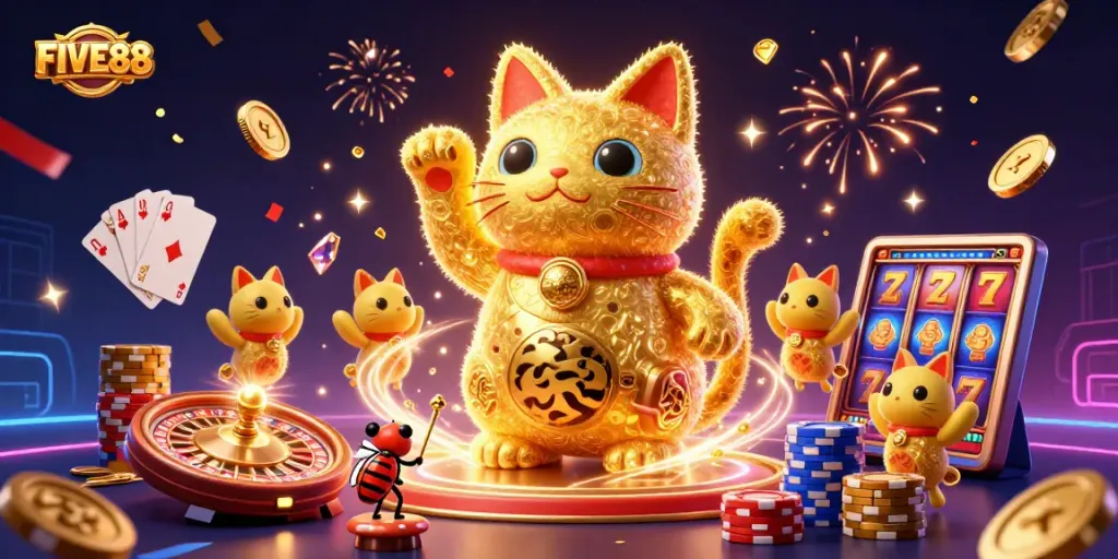 Experience the excitement of FIVE88 with a vibrant illustration of a lucky cat amidst casino symbols and game elements.