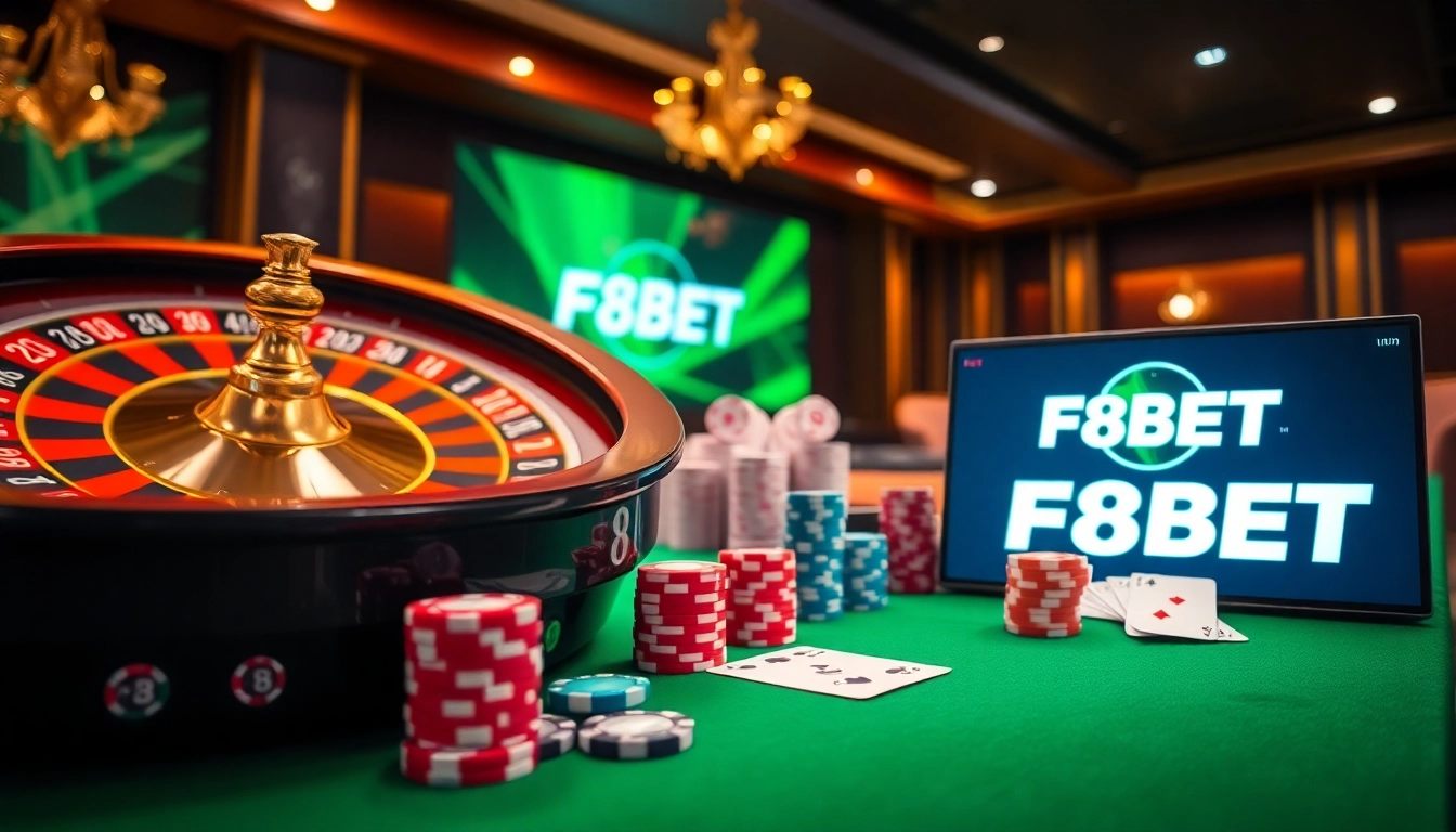 F8BET online gambling scene featuring a roulette wheel, vibrant poker chips, and cards on a casino table.