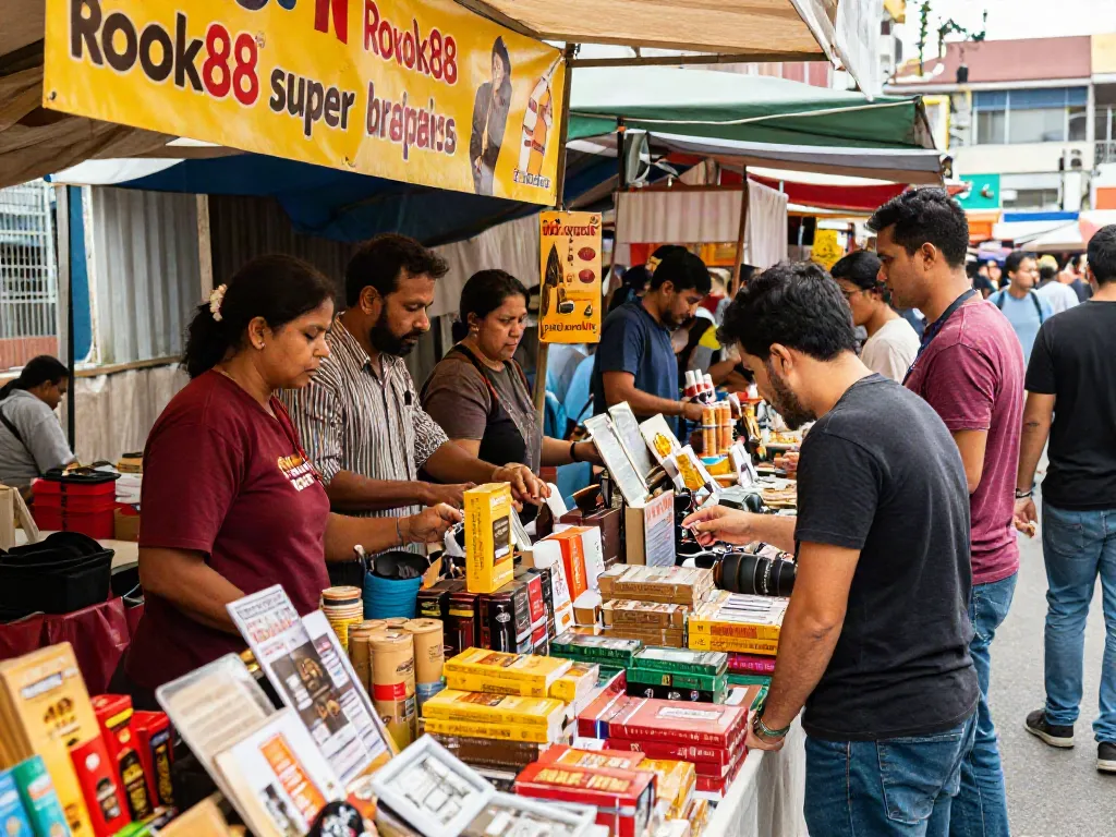 Vibrant market scene featuring rokok88 super products, bustling shoppers engaging with vendors.