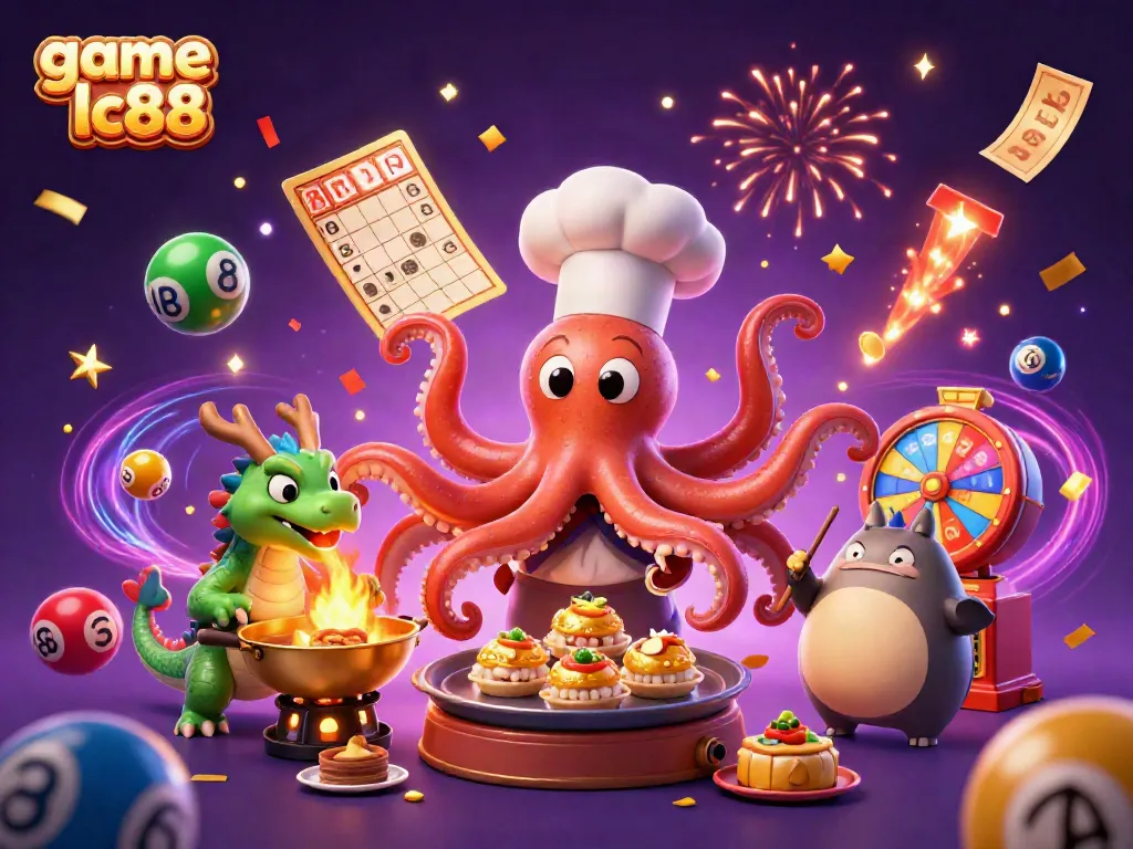 Experience the excitement of game lc88 with a vibrant casino scene featuring a sushi chef octopus and dynamic lottery elements.