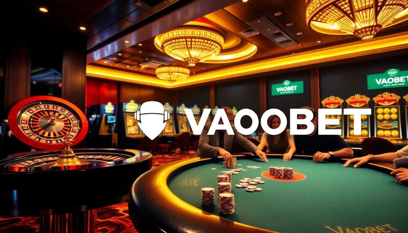 Players experiencing the thrill of gambling at VAOBET with poker tables and slot machines.