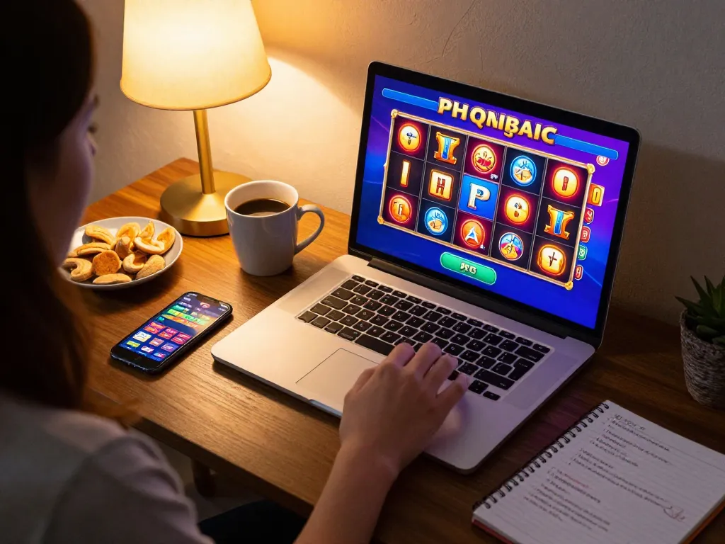Dabet88 player enjoying an online slots game on laptop, showcasing a vibrant gaming setup.