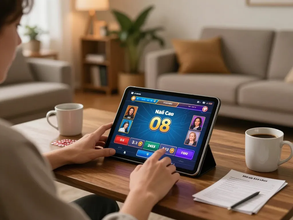 Player engaging with Nhà Cái O8 on tablet, showcasing a vibrant poker game in a cozy setting.