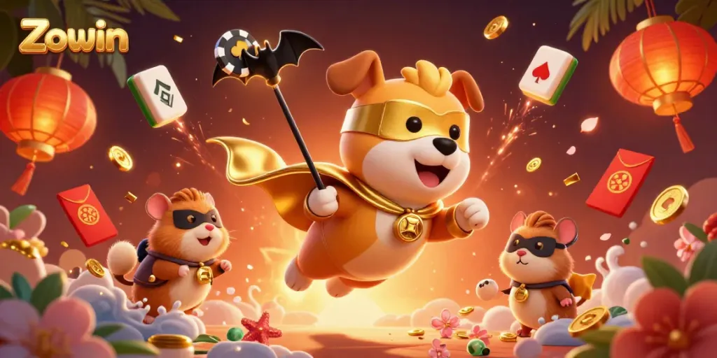 Play exciting games at Zowin with a dynamic illustration of a superhero dog and vibrant casino elements.