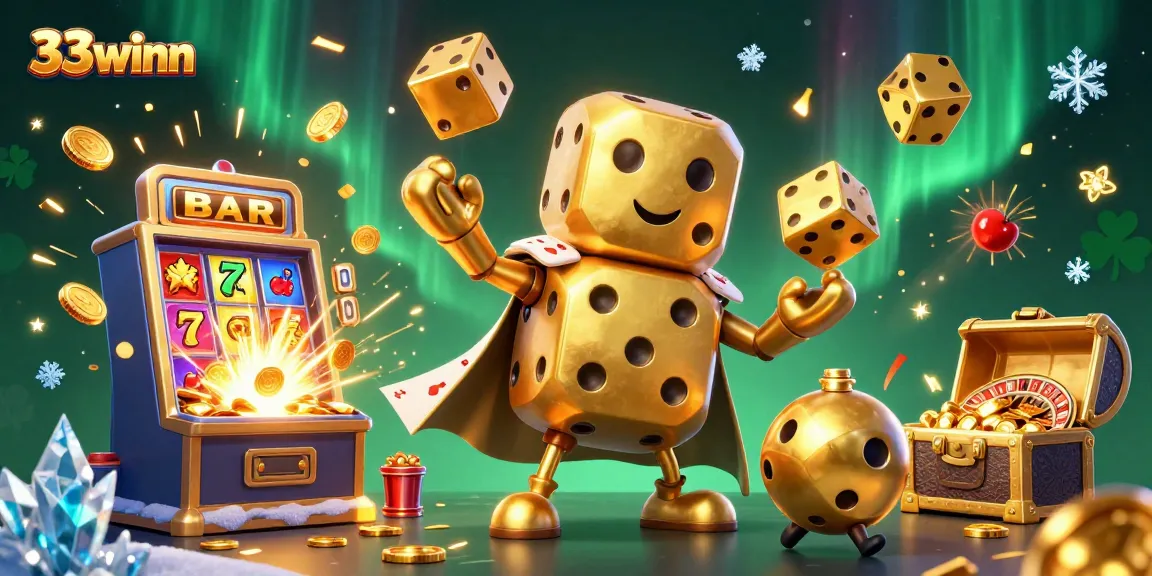 Experience vibrant 33winn action with golden dice golem in a dynamic casino scene.