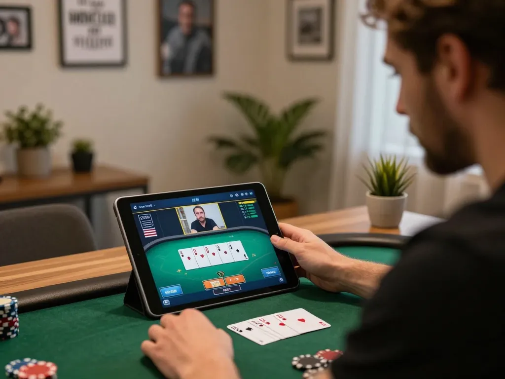 Player focusing on the sc88 poker game on their tablet, showcasing intense gameplay and strategic decision-making.