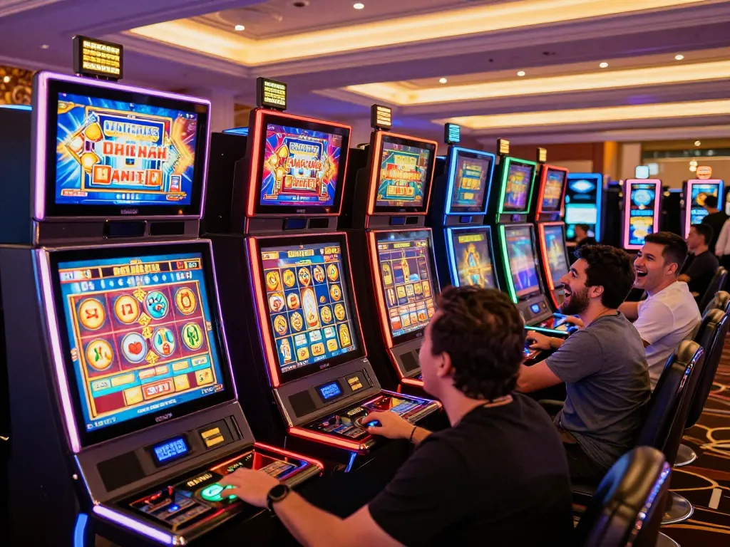 Players enjoying exciting slot machines at GG88 casino with vibrant digital displays and lively atmosphere.