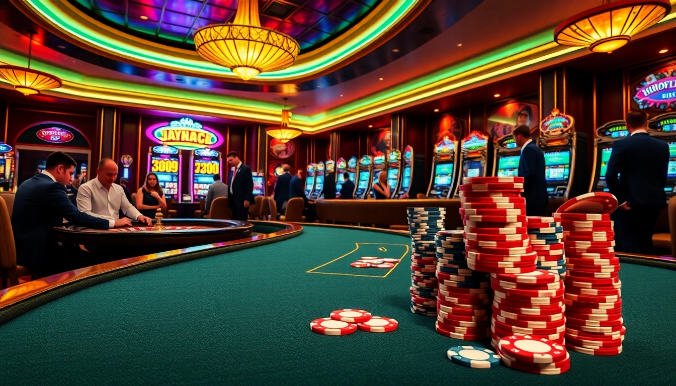 Sophisticated gamblers enjoying a thrilling evening at the casino tables, capturing the essence of https://debet66.com/ with vibrant gaming elements.