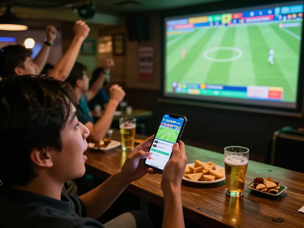 Engaged bettor using Lucky88 com app while watching a live football match in a lively sports bar
