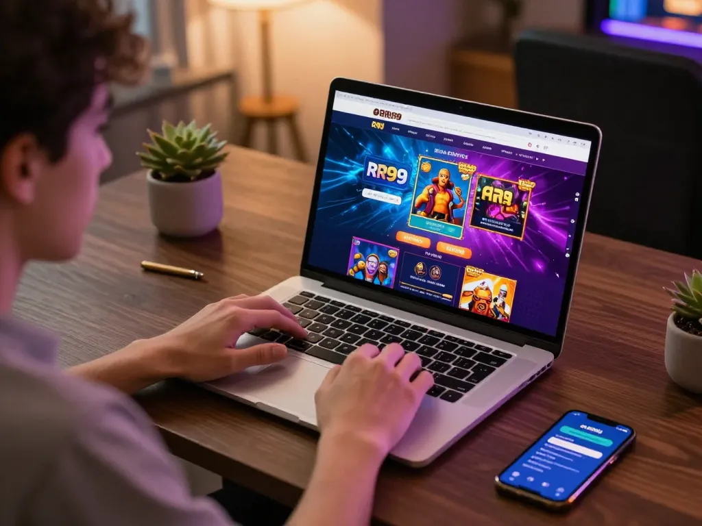 Engaging scene of online gaming at Trang chủ RR99 with vibrant laptop graphics and responsible gaming setup.