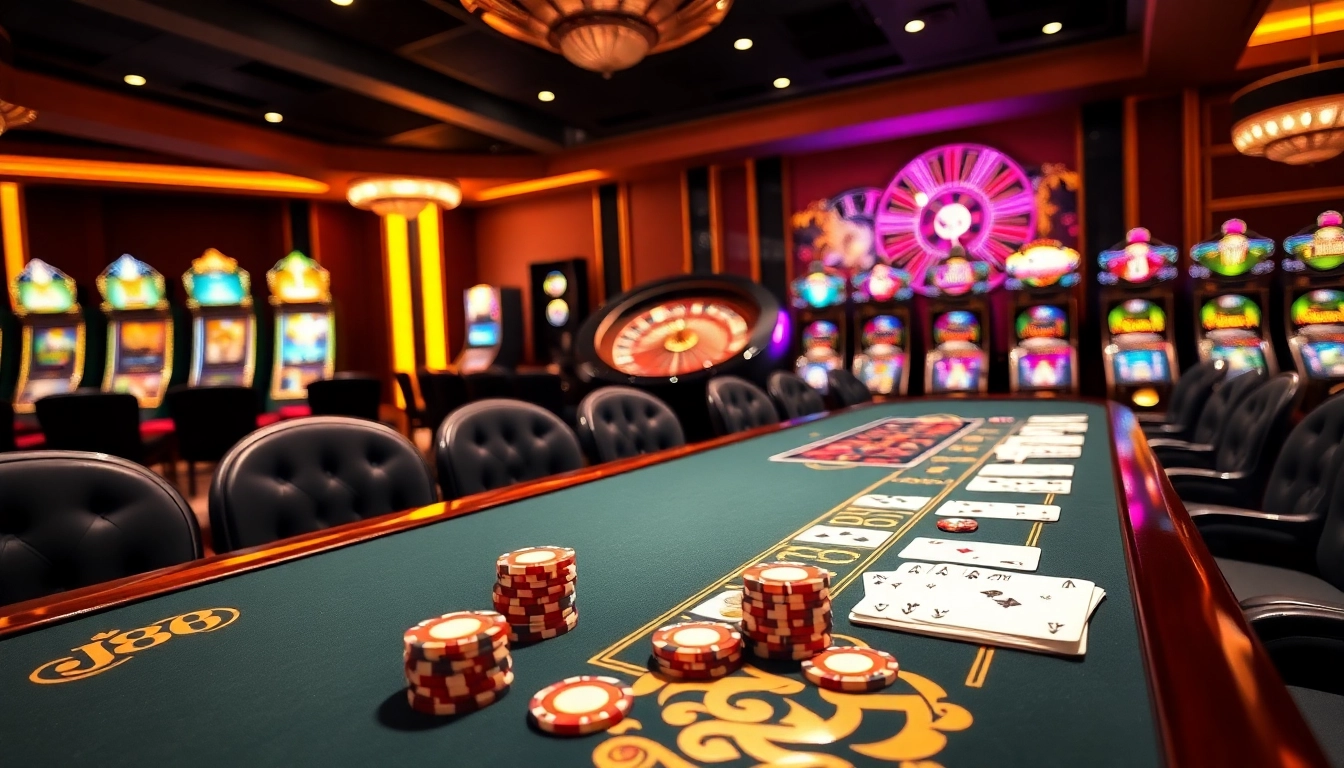 Play at J88 casino with vibrant chips and luxurious game tables in an elegant setting.
