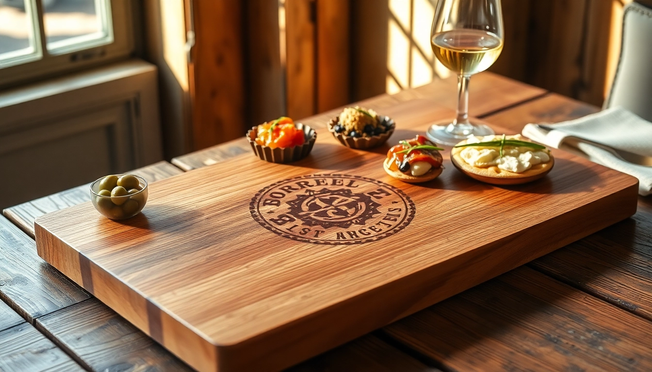 Elegante borrelplank met logo, kunstzinnig gepresenteerd op een rustieke tafel vol tapas.