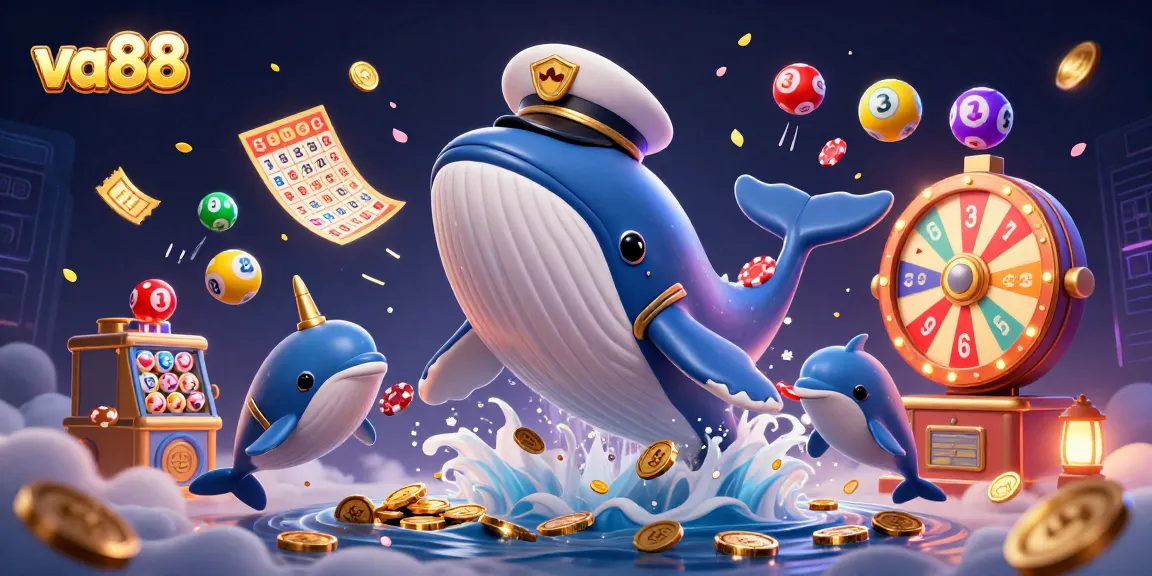va88 engages players with vibrant whale characters amidst a dynamic casino atmosphere featuring gold coins and lottery elements.