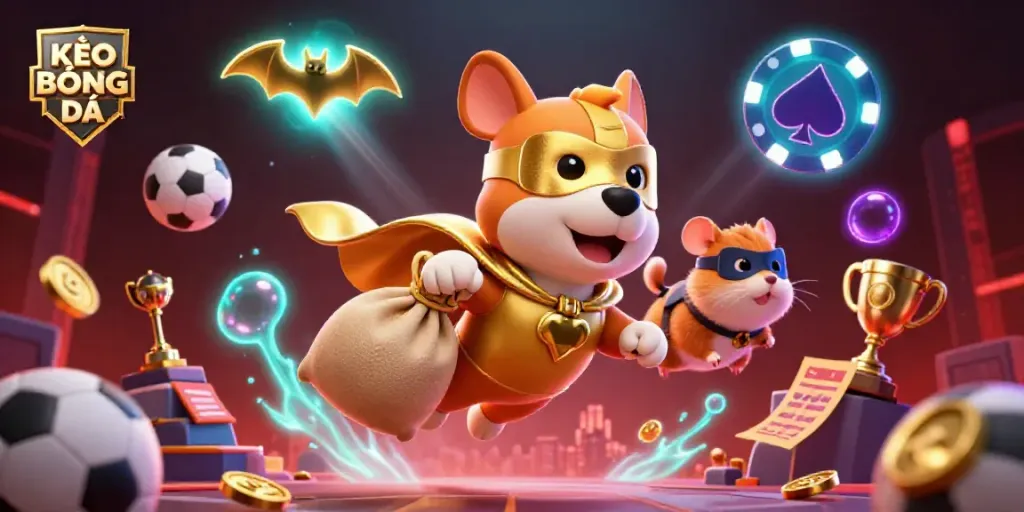 Engage with KÈO BÓNG ĐÁ as a superhero dog and hamster fly through an exciting betting scene.