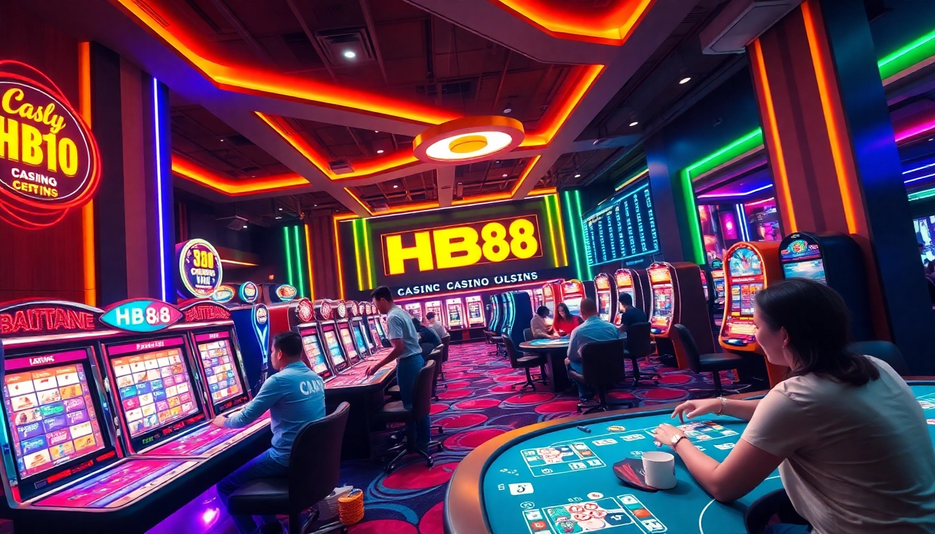 Exciting casino scene at HB88 with players at table games and vibrant slot machines.