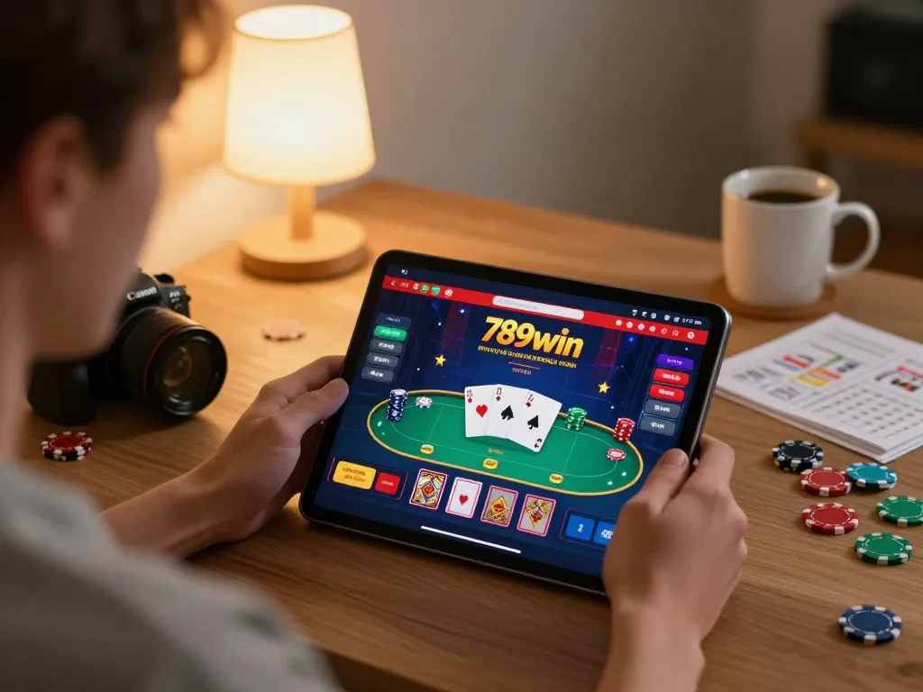 Player engaged with 789win casino app for online poker at home.