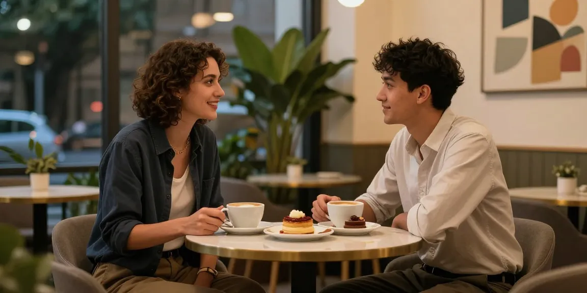 Two people connecting over coffee in a cozy café, inspired by f168.com dating experiences.