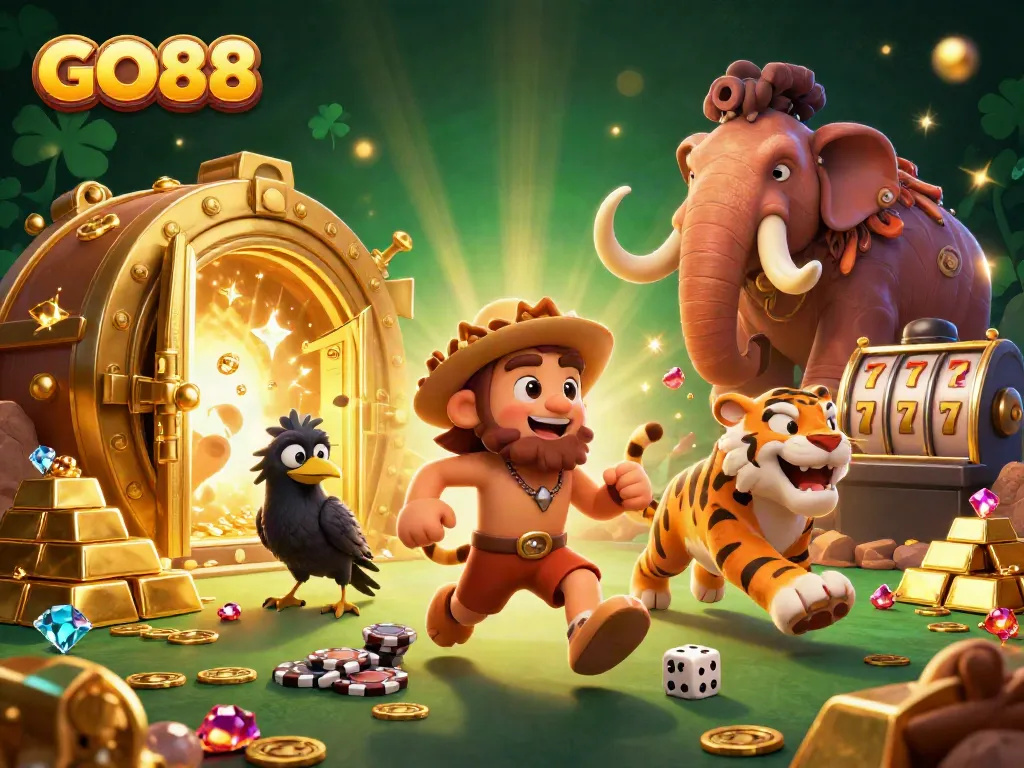 GO88 themed illustration of a caveman and sabertooth tiger in a prehistoric casino with treasure elements.