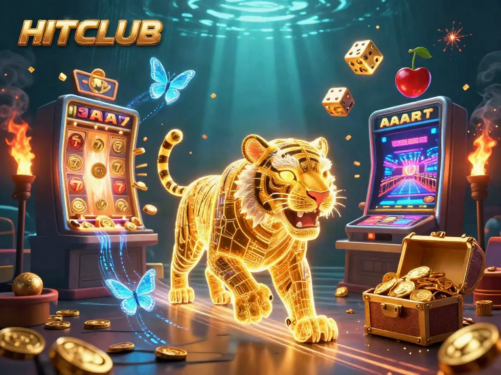 Experience the excitement of HITCLUB with a vibrant casino scene featuring a golden tiger and dynamic game elements.