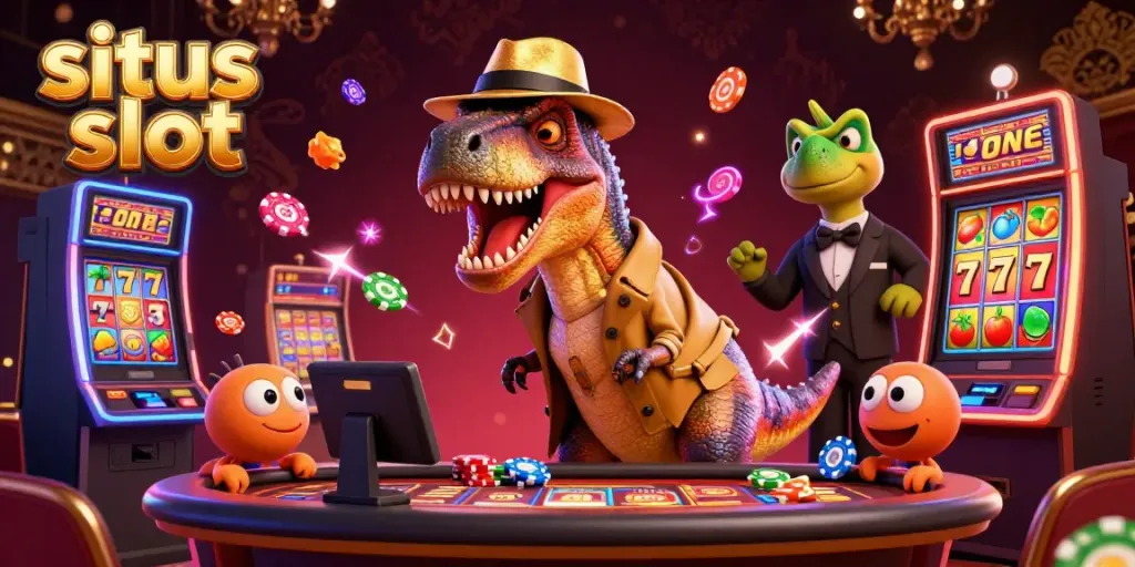 Experience the thrill at a situs slot with the colorful velociraptor and stegosaurus characters navigating the energetic slot machine scene.