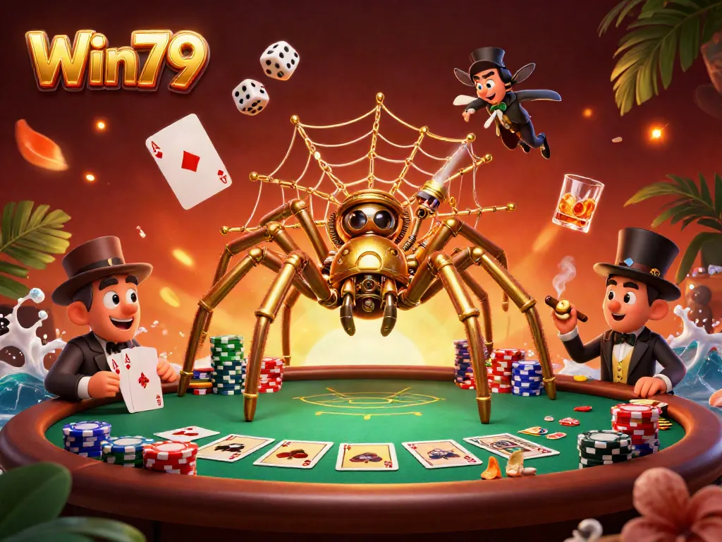 Engage with the thrilling world of Win79, showcasing a vibrant steampunk spider and poker elements in a dynamic casino setting.