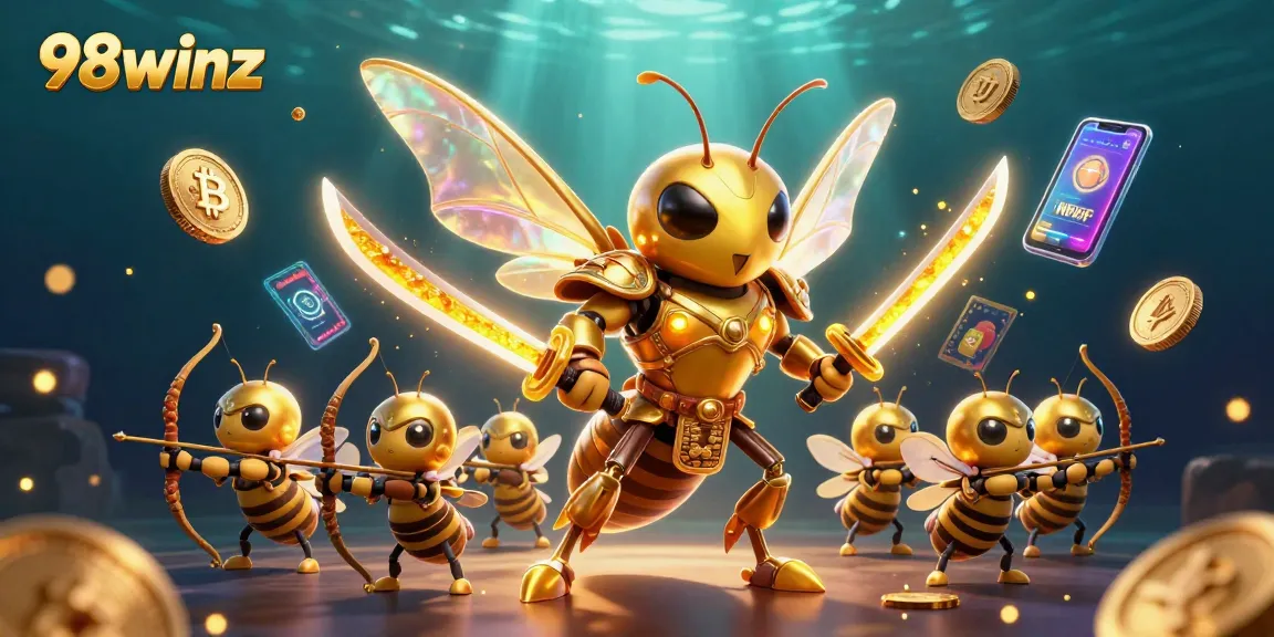 Play slots at 98winz with a vibrant, dynamic casino illustration featuring golden hornet and Bitcoin elements.