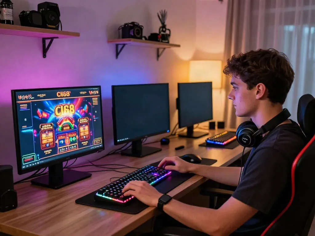 C168 online gaming experience with multiple monitors showing casino games and vibrant LED keyboard.