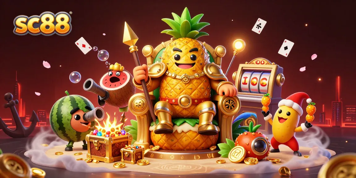 Engage in thrilling slots and gameplay with SC88's vibrant casino scene featuring a golden pineapple king.