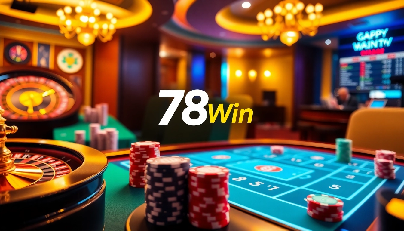 Experience the excitement of 78Win online gaming with stunning virtual casino visuals filled with vibrant poker and roulette.