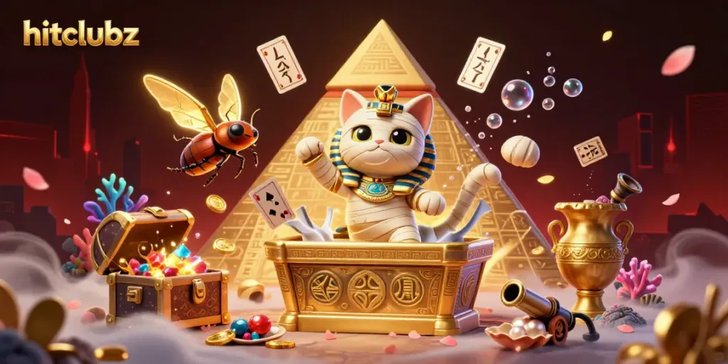 Engaging scene with the hitclubz brand, featuring an Egyptian mummy cat and treasures in a vibrant casino.