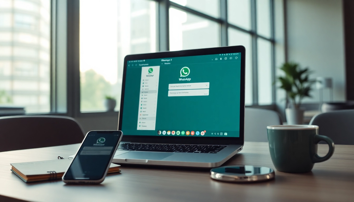 WhatsApp网页版 interface on a modern laptop within a professional workspace.